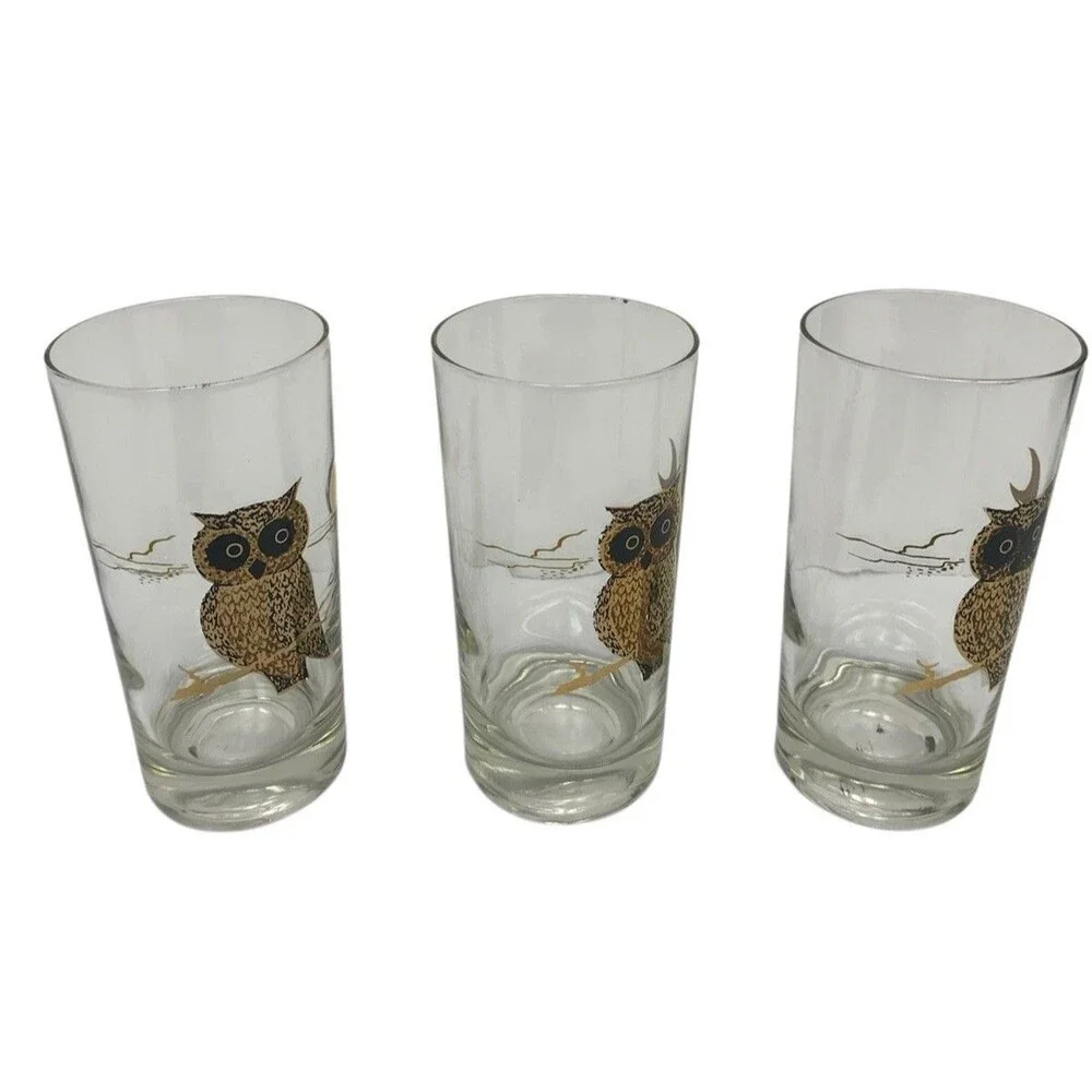 3 Vintage Couroc Owl Crescent Moon MCM Highball‎ Glasses Barware - Picture 3 of 7
